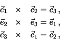 \begin{eqnarray*}
&\vec e_1 &\times \hspace{0,4cm} \vec e_2 = \vec e_3 \, ,\\ ...
...,\\
&\vec e_3 &\times \hspace{0,4cm} \vec e_1 = \vec e_2 \, ,
\end{eqnarray*}