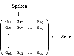 \begin{eqnarray*}
& &\hspace{1cm} \mbox{Spalten} \nonumber \\
& &\hspace{1,4c...
...\
\end{array} \right ) \longleftarrow \mbox{Zeilen} \nonumber
\end{eqnarray*}