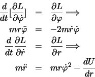 \begin{eqnarray*}
\frac{d}{dt}[\frac{\partial L}{\partial \dot{\varphi}}] & = & ...
...htarrow\\
m \ddot{r} & = & m r \dot{\varphi}^2 - \frac{dU}{dr}
\end{eqnarray*}